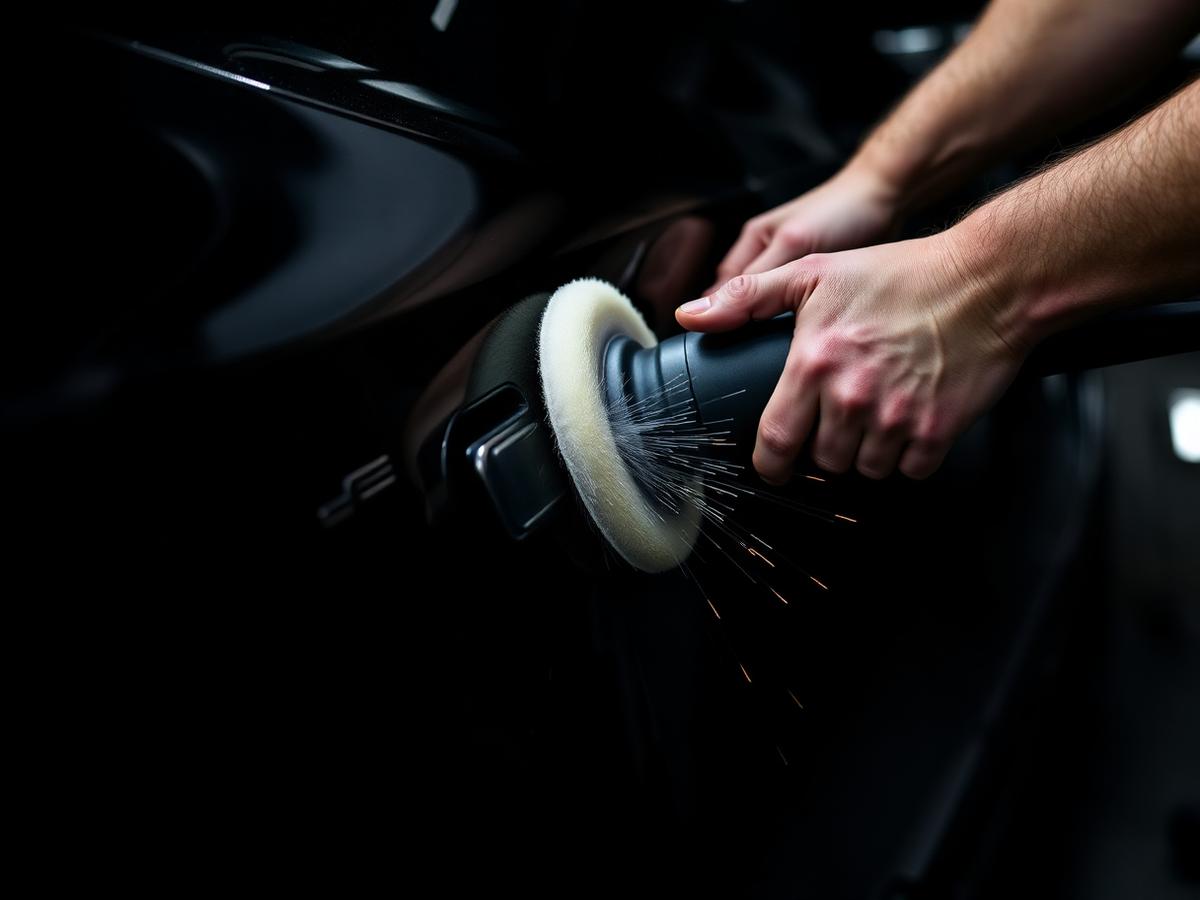 Machine polishing a black car panel